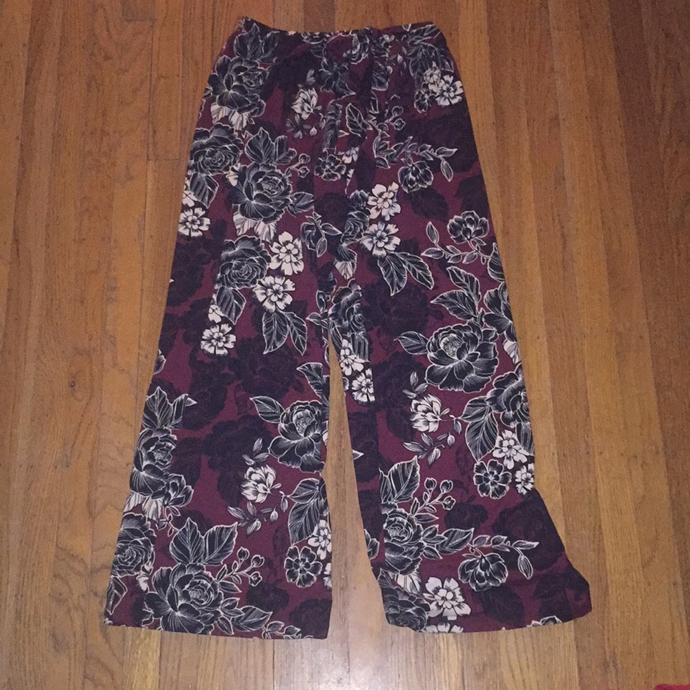 soft maroon, black, and white pants